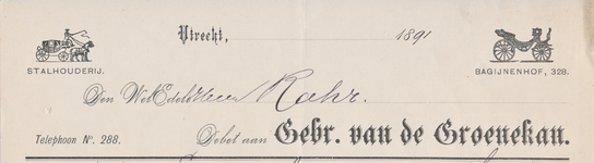 711164 Kop van een nota van de Gebr. van de Groenekan, Stalhouderij, Bagijnenhof [H] 328 te Utrecht, ten name van de ...